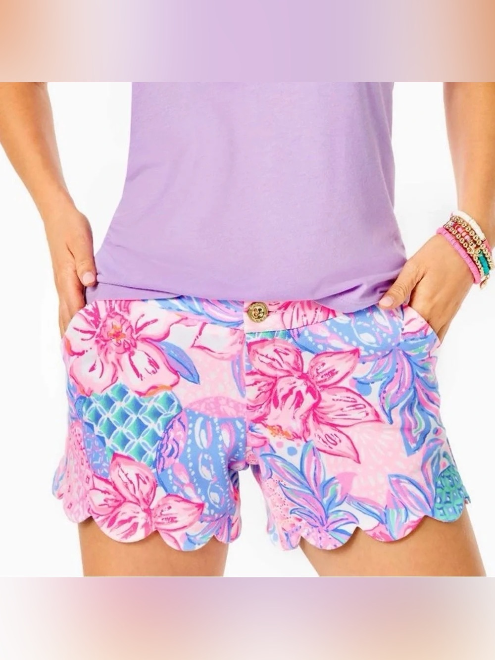 Lilly Pulitzer 5" Buttercup Knit Scalloped Shorts in Pink Isle Snappy